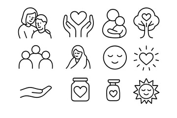 Nurturing Line Icons. Line style icons of nurturing and compassion: caregiver, hands holding heart, parent with child, nurturing