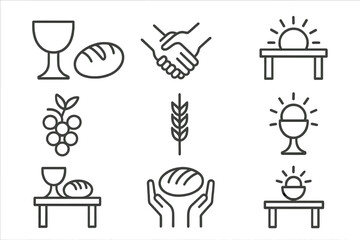 Eucharist Unity Icons. Line style icons of Eucharist unity: bread and cup, hands joined, altar with sun, sacred meal; grape