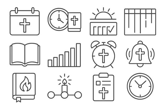 Spiritual Time Icons. Line style icons of Christian time and rhythm: calendar with cross, clock and bible, week of faith, sunrise