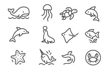 Sea Life Icons. Line style icons of floating sea animals: whale above waves, jellyfish drifting, turtle swimming, octopus floating