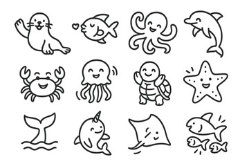 Playful Marine Icons. Line style icons of playful marine gestures: seal waving, fish blowing kiss, octopus dancing, dolphin