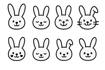 Cute Bunny Faces. Line style icons of cute bunny faces: rabbit with long ears, bunny with closed eyes, happy rabbit, bunny with