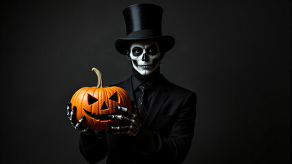 Spooky Skeleton in Top Hat Holding Jack-o'-Lantern