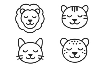 Peaceful Feline Faces. Line style icons of closed-eye feline faces: sleepy lion, blinking tiger, peaceful house cat, content