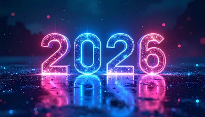 Neon 2026 New Year Celebration with Sparkles and Reflections, Futuristic Year Number Display with Glowing Effects on a Reflective Surface