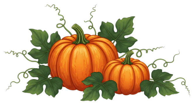 Two pumpkins with green leaves and vines, isolated on transparent background