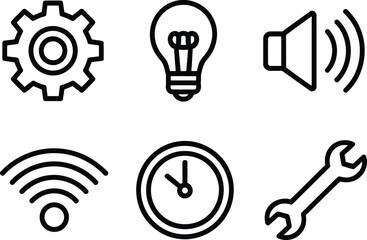 A Collection of Pictograms Line Art Icons Displaying Settings, Idea, Sound, Internet, Clock, and Wrench Depicting Common Actions and Devices