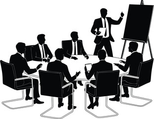 Dynamic Business Meeting a Team Strategizing for Success Collaboration and Innovation Illustrated by Black and White Vector Conference Room Presentation