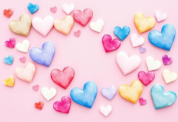 Fototapeta premium Whimsical watercolor hearts scattered on a soft pink background, romantic and dreamy atmosphere, valentine, relationship