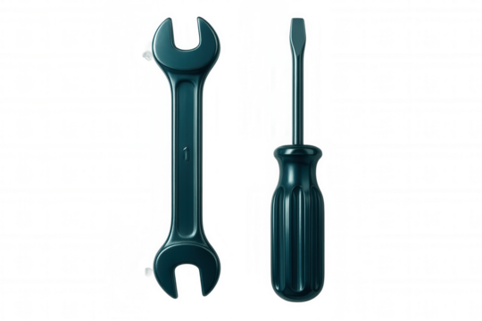 3d rendering of a wrench and a screwdriver isolated on a transparent background, symbolizing maintenance, repair, and diy projects