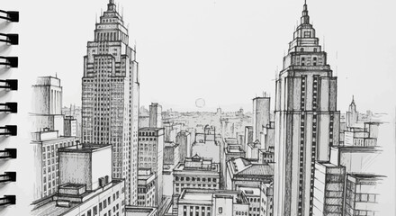 A sketched black and white skyline of the City of London with towering skyscrapers and older architecture