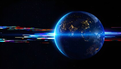 Earth globe with digital light trails and glitch effects, symbolizing global data flow and technological connection.