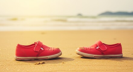 Pink childrens shoes on beach sand