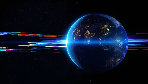 Earth globe with digital light trails and glitch effects, symbolizing global data flow and technological connection.