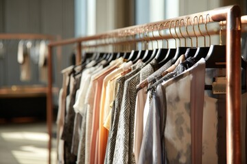 Stylish Clothing Rack with Assorted Garments and Copper Frame in Boutique Setting