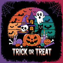 2d vector illustration Halloween t shirt icon design items ghost character Candles in carved pumpkin