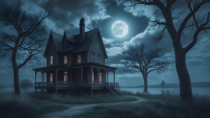 Spooky Old House Under a Full Moon at Night
