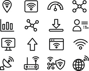 Collection of Network and Connectivity Icons Representing Various Aspects of Modern Digital Communication and Technologies Depicted with Clean Lines