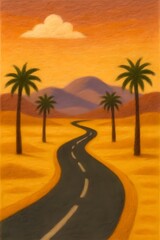 Serene Desert Road: Felt-Style Art, Warm Sunset Hues, Editorial Purity.