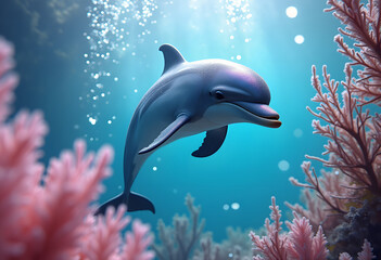 Playful Dolphin Swimming in a Vibrant Underwater World