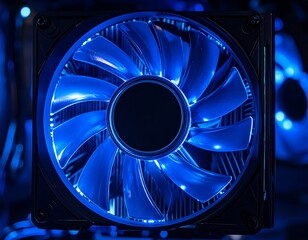 Close-up of a glowing blue computer fan