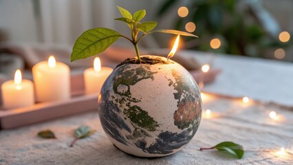 Eco friendly decorative plant in earth globe pot with candles in soft lighting
