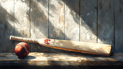 Digital painting of a vintage cricket bat and ball 