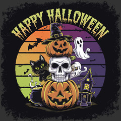 2d vector illustration Halloween t shirt icon design items ghost character Candles in carved pumpkin