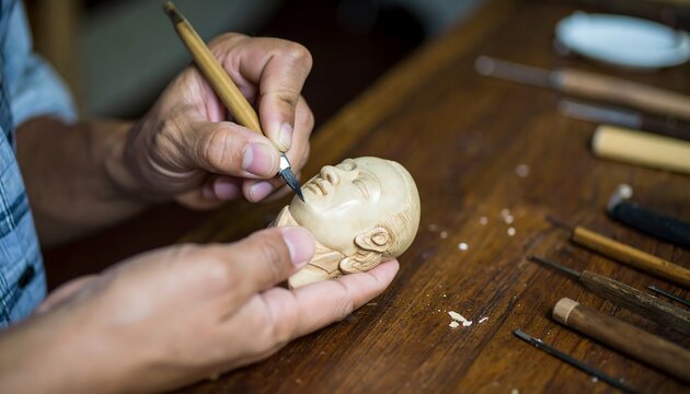 Carving a miniature head. Hands delicately sculpt a small ivory head on a wooden workbench