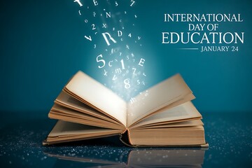 International day of education concept, an open book with letters flying out on blue background