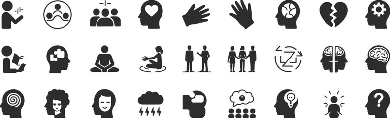 Mental health and wellness icons illustrating mindfulness, therapy, emotions, psychological states, support systems, and cognitive and behavioral processes.