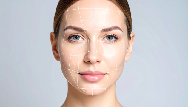 A close-up shot shows a fair-skinned woman's face with a facial recognition grid overlay. Her eyes are light-colored. She has a neutral expression against a blurred gray background