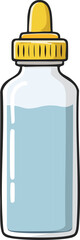 Cartoon illustration of a baby bottle filled with a light blue liquid.