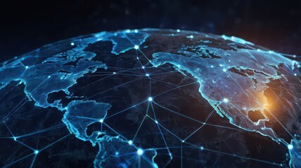 Global network of interconnected nodes with glowing blue light over earth