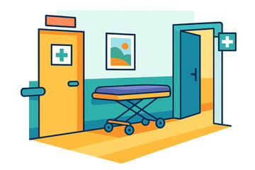 Hospital room with stretcher and medical doors in bright colors hospital hallway