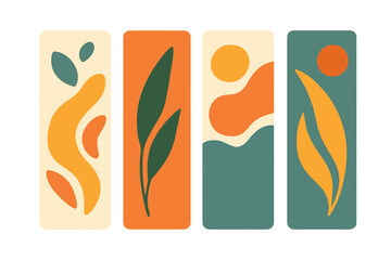 Naklejka premium Abstract botanical illustrations with warm colors and organic shapes painted bookmarks