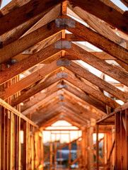 A wooden frame structure under construction, showcasing exposed beams and a warm sunlight ambiance, highlighting the intricacies of the building process.