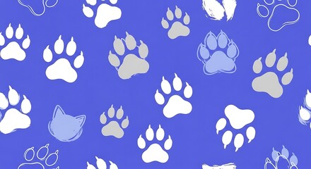 Seamless Pattern of Paw Prints on Blue Background.