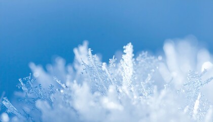 Detailed Macro Photograph of White Frost Crystals on a Blue Background