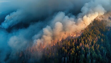 Fototapeta premium Aerial view of a wildfire engulfing a forest