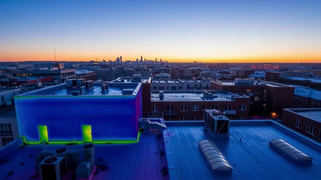 Thermal drone flight over urban rooftops at dawn reveals cooling patterns and heat retention zones useful for architects designing energyefficient building envelopes.