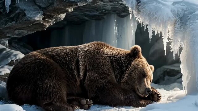Majestic grizzly bear sleeping peacefully near ice cave in snowy winter landscape, a serene moment of wildlife in its natural habitat