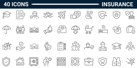 Insurance line icon set. Includes insurance, protection, care, safety, assurance. Editable stroke. Vector illustration