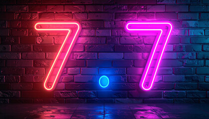 Neon Sevens on Brick Wall: Colorful Background with Numbers, Cyberpunk Style Neon Light Art Featuring the Number Seven, Suitable for Retro Designs