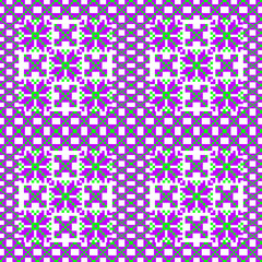 seamless floral pattern
seamless floral pattern
Repeating geometric textile pattern featuring symmetrical square tiles with star-like green centers and angular purple floral elements. The design creat