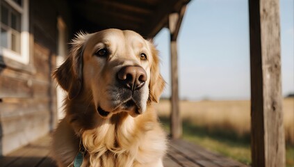 Golden retriever farm porch sunny countryside portrait
