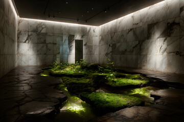marble room with moss garden and glowing water