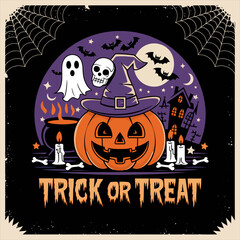 2d vector illustration Halloween t shirt icon design items ghost character Candles in carved pumpkin