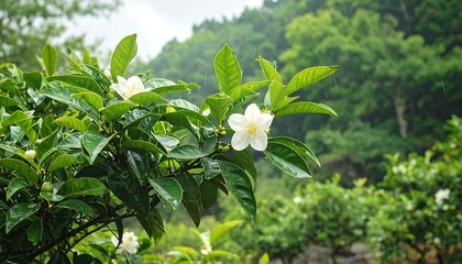 White flowers on a tea bush in a rainy garden