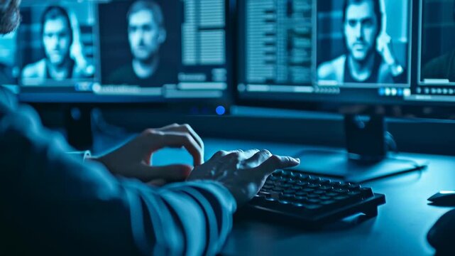 A focused individual analyzing data on multiple monitors.